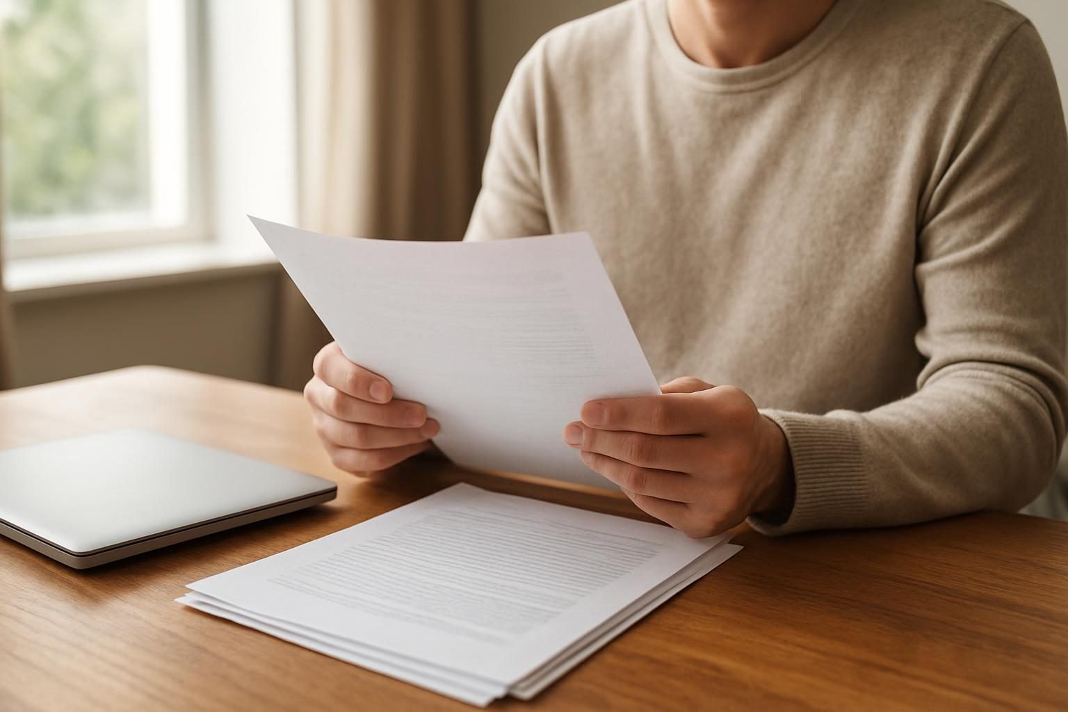 Pessoa analisando documentos de pagamento em casa