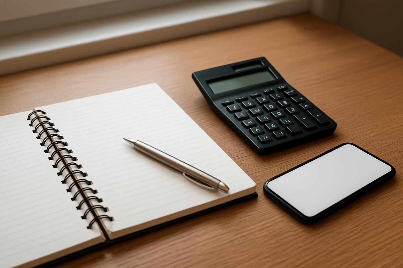 Mesa com calculadora, caderno e celular para organizar as parcelas do benefício
