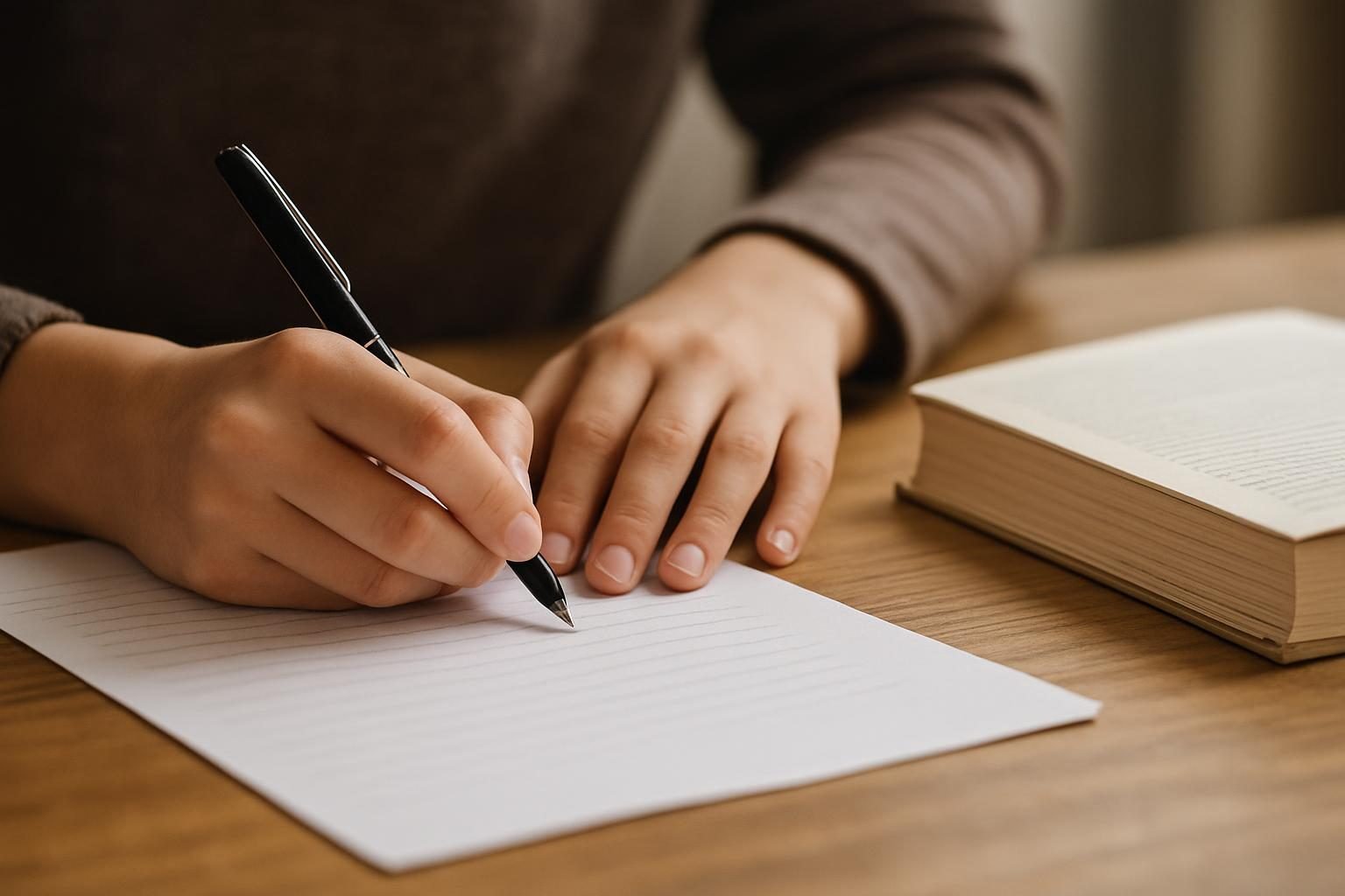 Estudante escrevendo um resumo de memória ao lado de um livro fechado