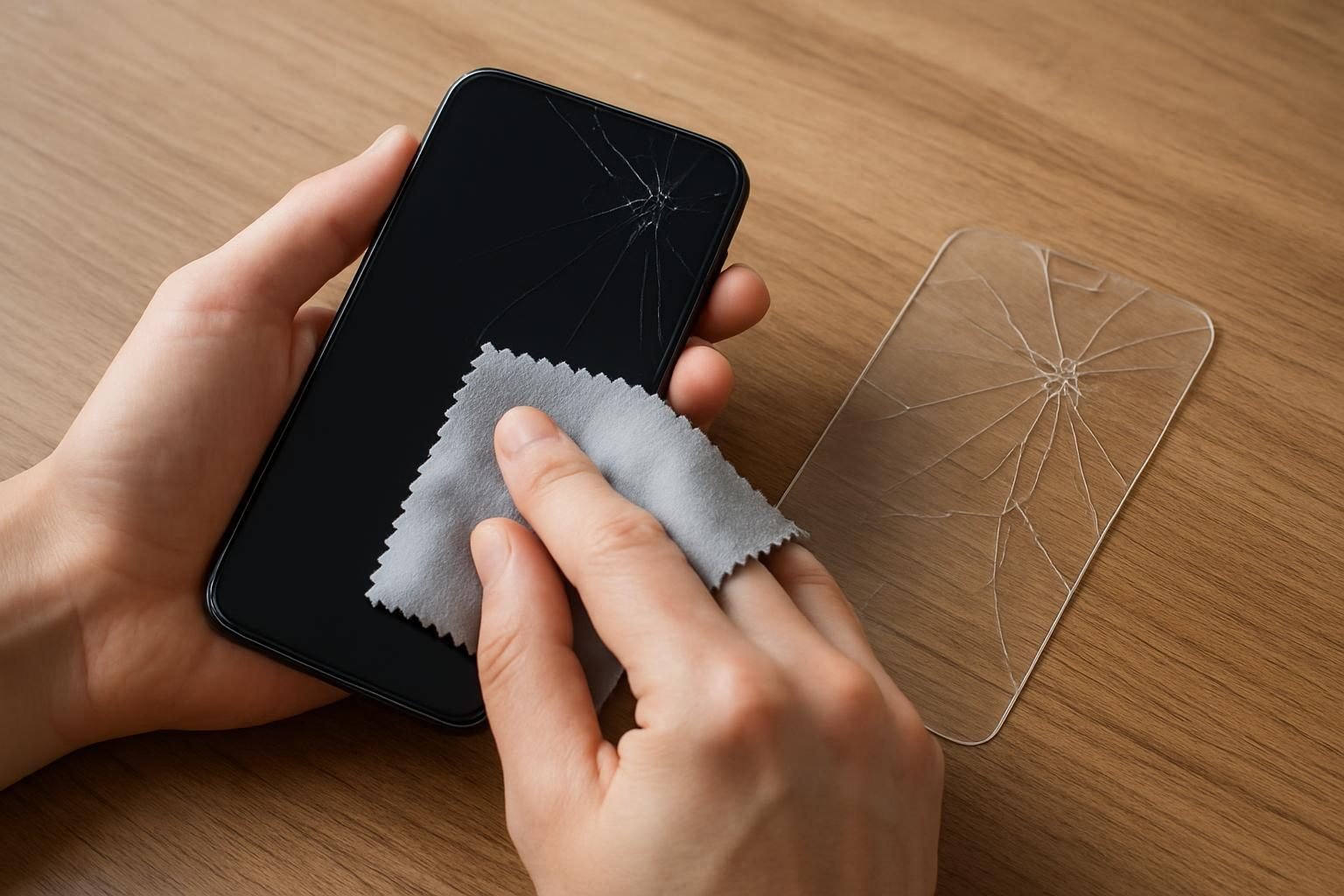 Mãos limpando a tela do celular com pano de microfibra
