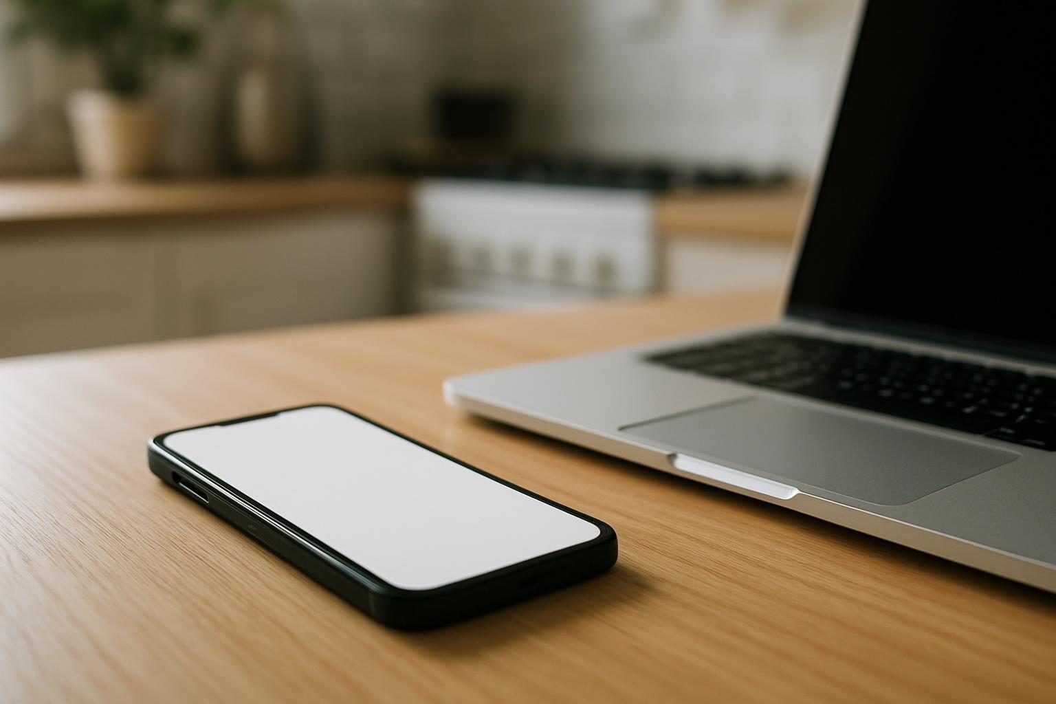 Celular e notebook sobre a mesa para consultar o FGTS pelo app ou pelo site