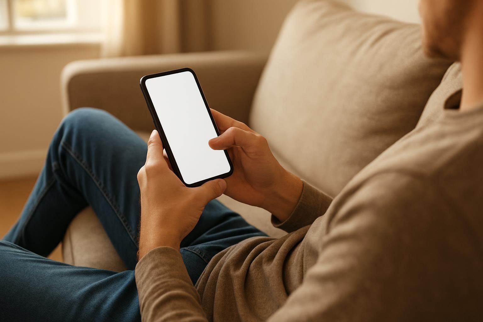 Trabalhador consultando o aplicativo do FGTS no celular em casa