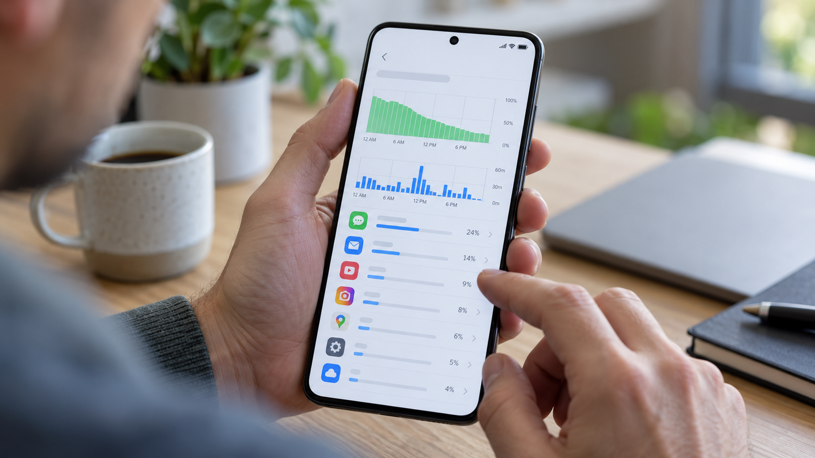 Pessoa analisando o consumo de bateria por aplicativo no celular
