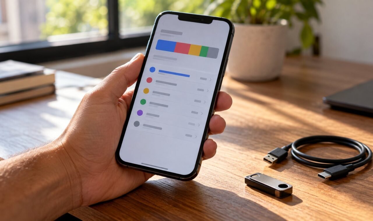 Mão segurando um celular com a tela de armazenamento aberta, ao lado de um cabo USB e um pendrive