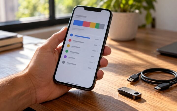 Mão segurando um celular com a tela de armazenamento aberta, ao lado de um cabo USB e um pendrive
