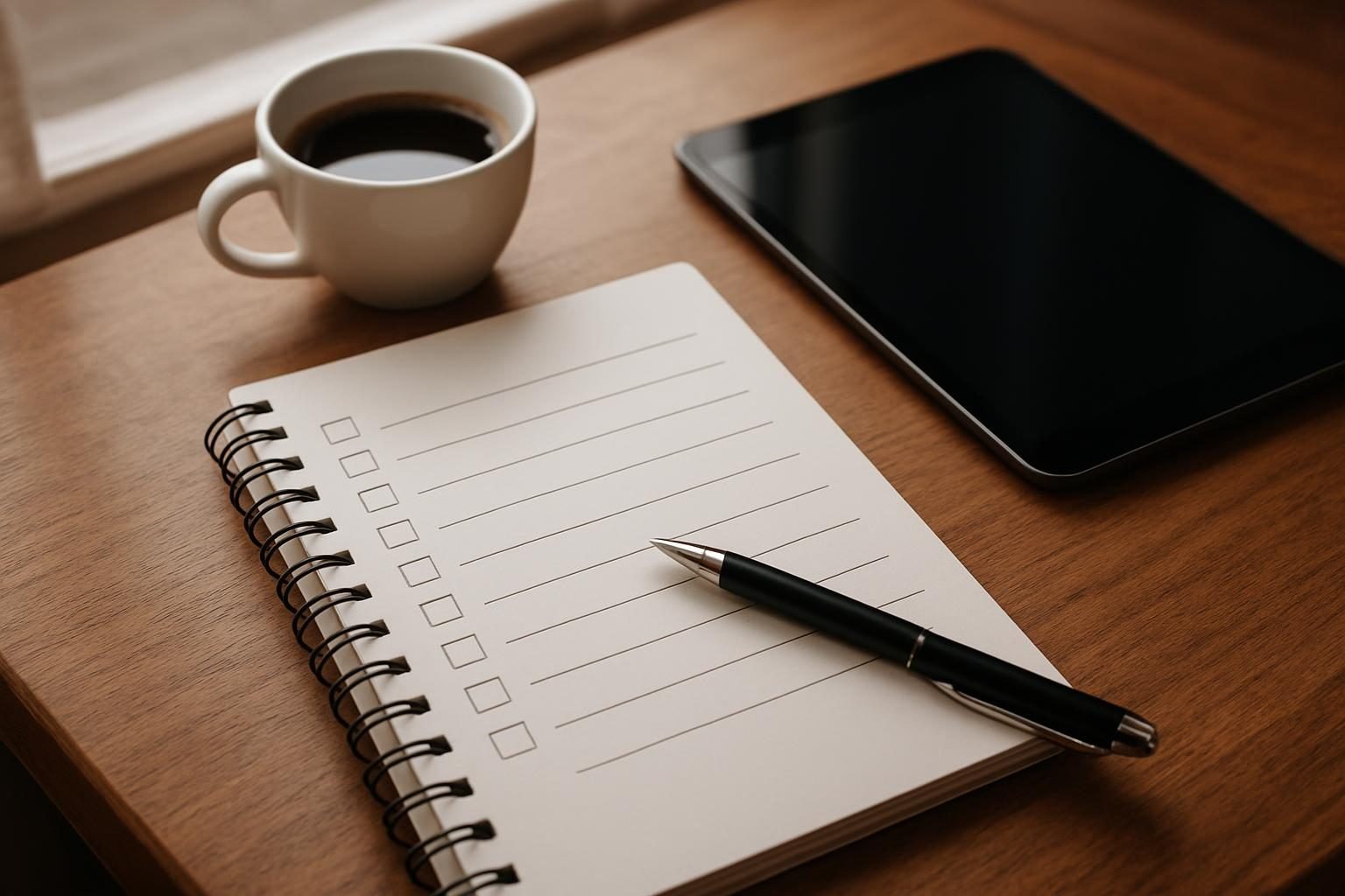 Caderno, caneta, café e tablet sobre a mesa, sugerindo a avaliação e escolha de séries