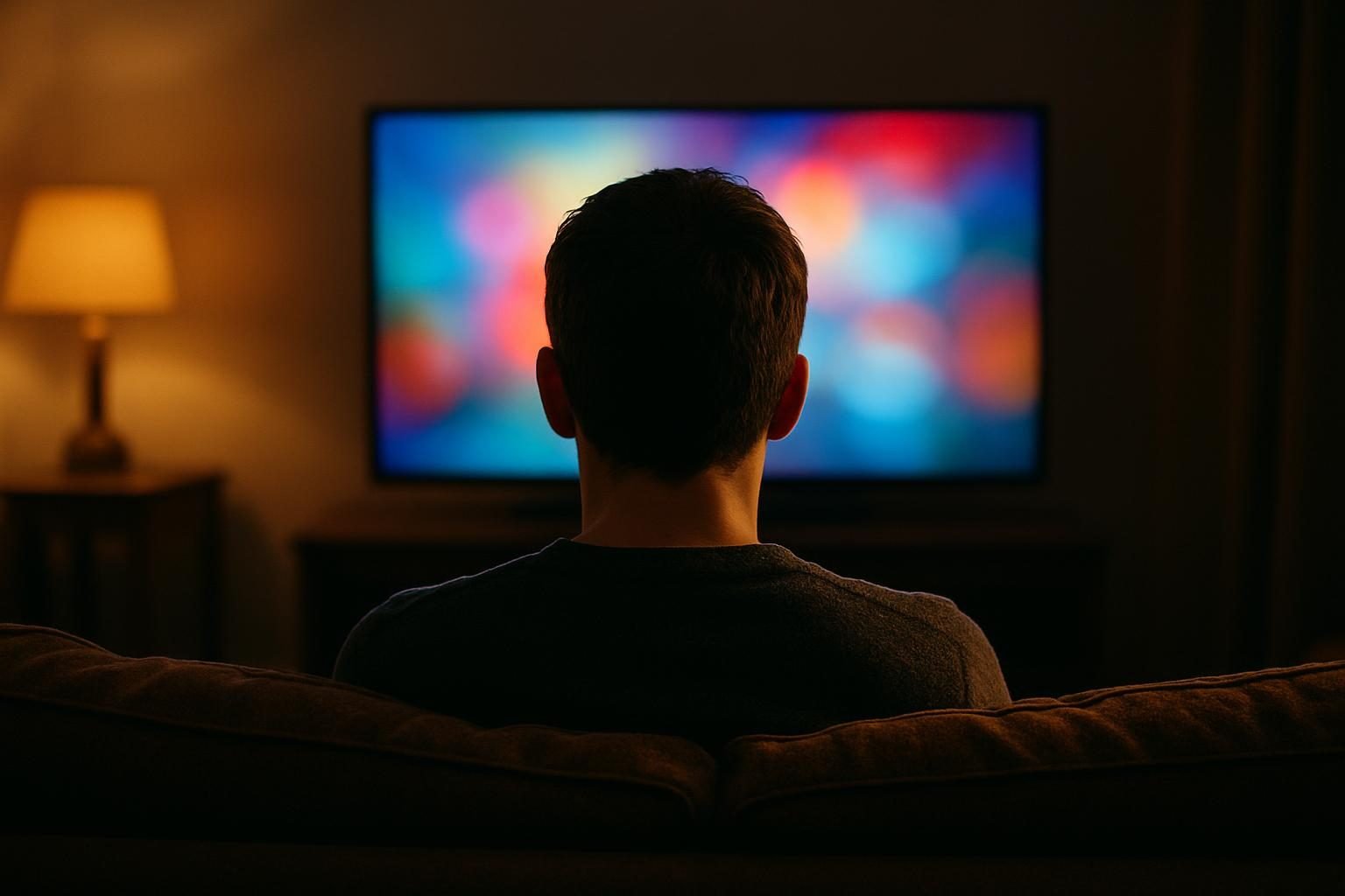 Pessoa de costas no sofá assistindo a uma série em um ambiente à meia-luz