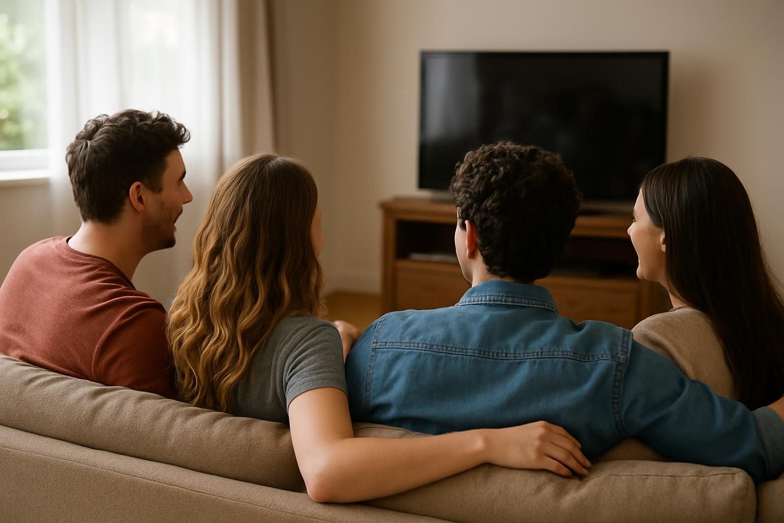 Amigos sentados no sofá rindo enquanto assistem a uma série de comédia