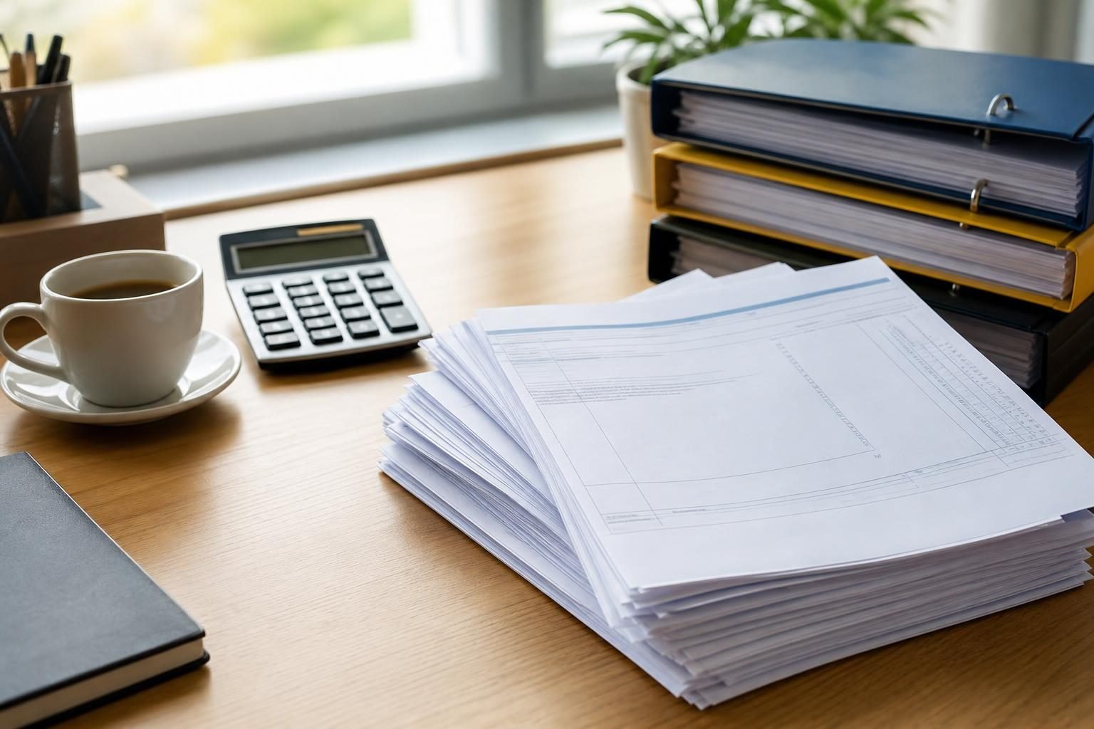 Mesa de escritório com contracheques e calculadora para conferir depósitos do FGTS