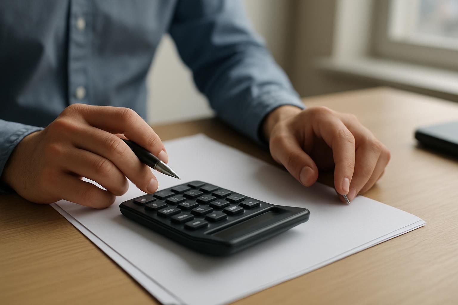Mãos usando calculadora sobre documentos para conferir o valor das férias