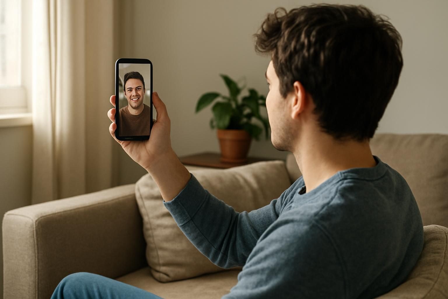 Pessoa fazendo chamada de vídeo pelo celular em casa
