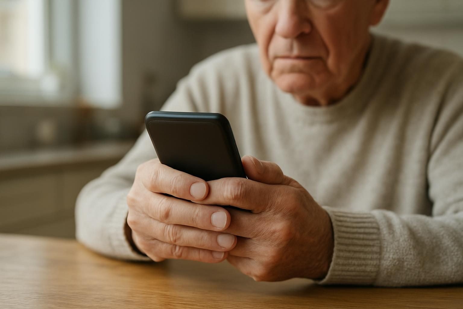 Pessoa verificando mensagem no celular com cuidado para evitar golpes