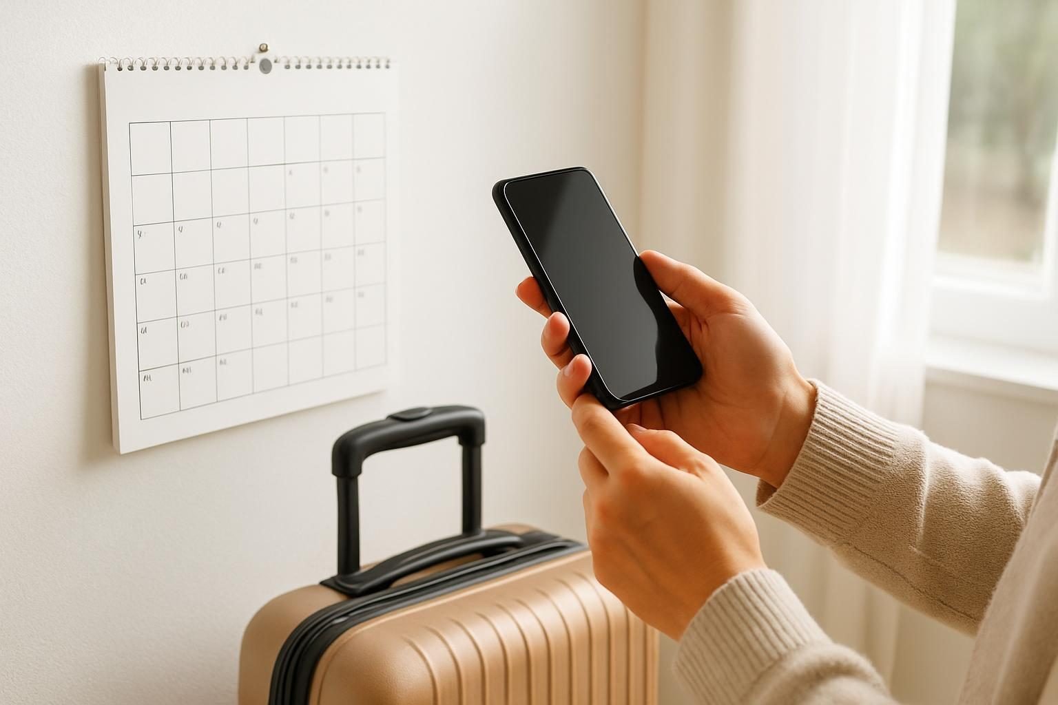 Trabalhador planejando férias com calendário e mala ao lado
