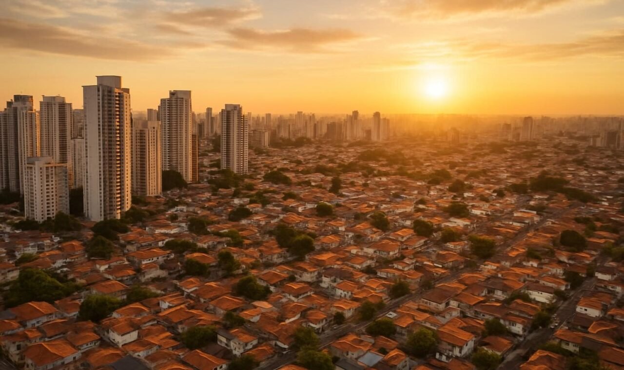 Vista aérea de cidade brasileira com prédios de alto padrão e bairros residenciais simples ao entardecer
