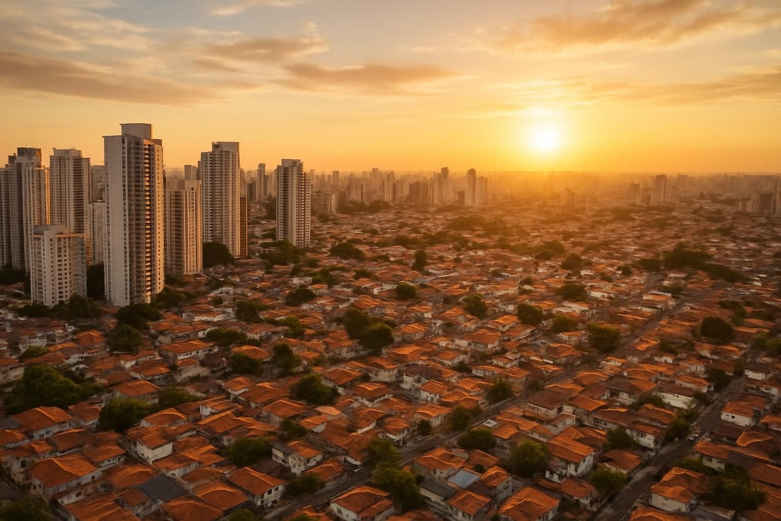 Vista aérea de cidade brasileira com prédios de alto padrão e bairros residenciais simples ao entardecer