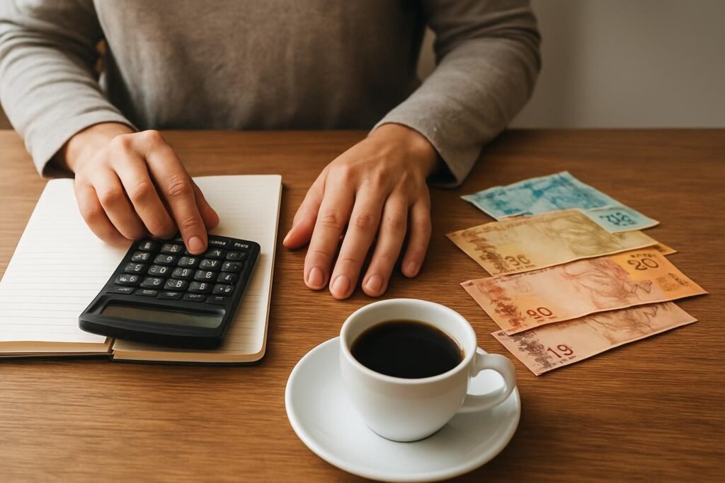 Mesa com calculadora, notas de real e caderno durante organização do orçamento doméstico