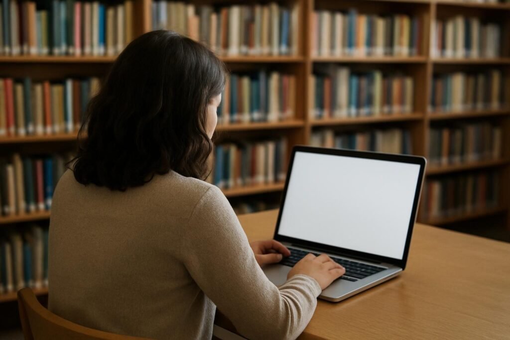Pessoa estudando em um notebook numa biblioteca, simbolizando educação e planejamento financeiro