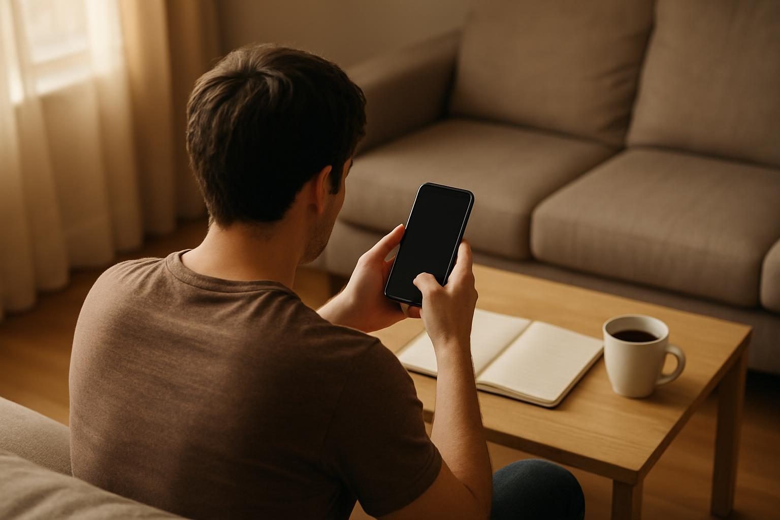Pessoa em casa acompanhando pedido de benefício pelo celular
