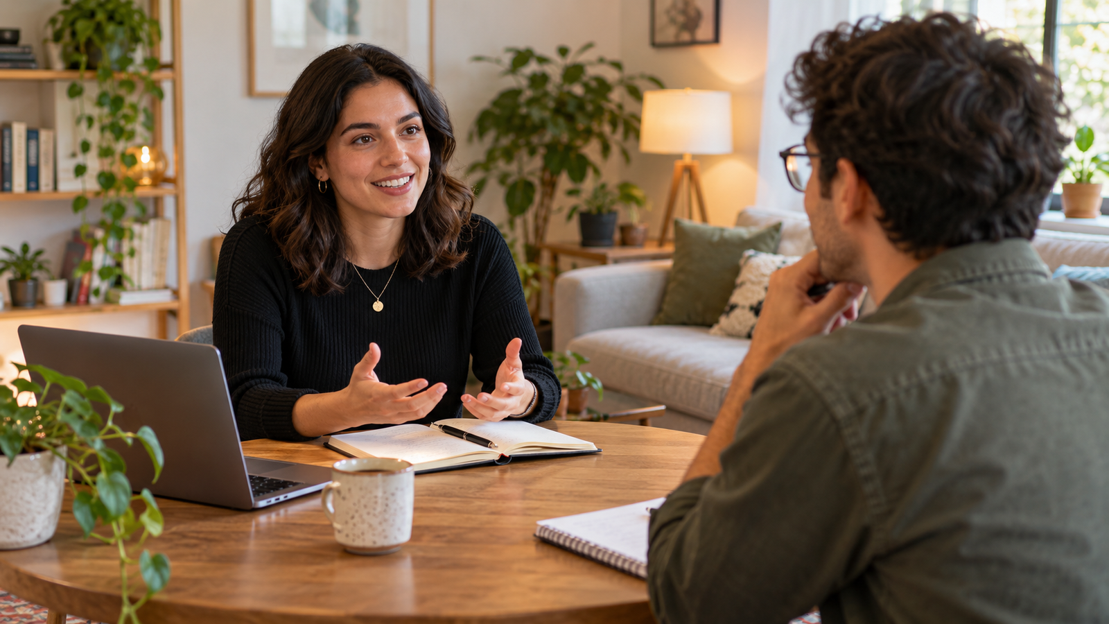 Jovem praticando respostas para uma entrevista de emprego