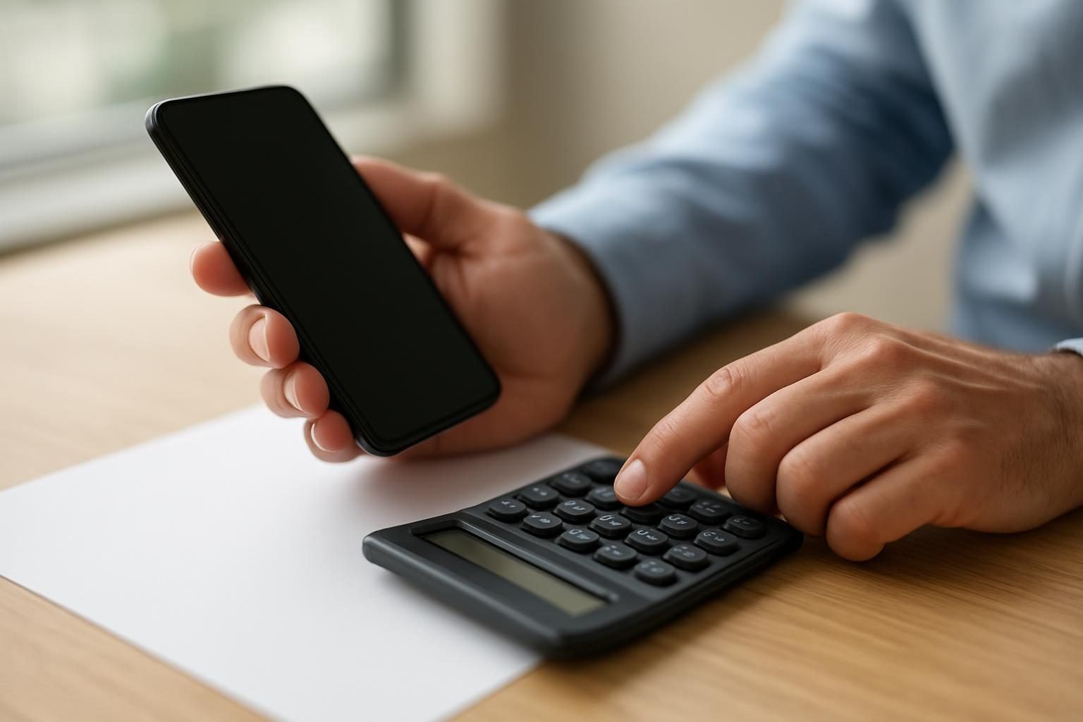 Mãos usando celular e calculadora para simular valor de aposentadoria