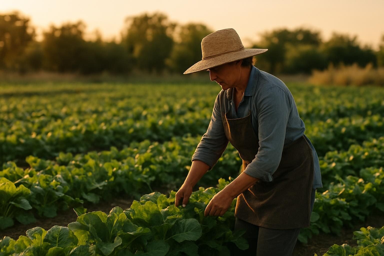 Trabalhadora rural em plantação de hortaliças