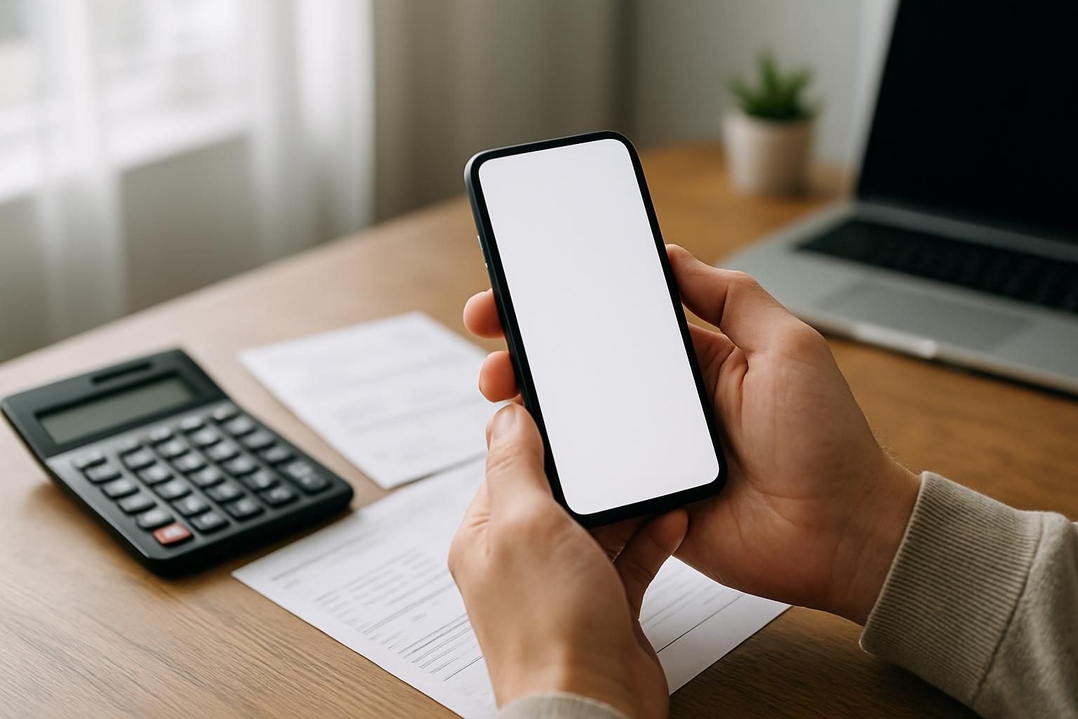 Pessoa conferindo o saldo do FGTS no celular ao lado de holerites e calculadora