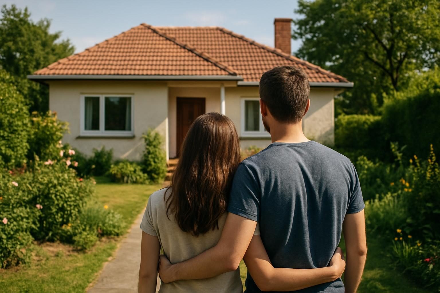 Casal observando uma casa, representando o uso do FGTS na compra de imóvel
