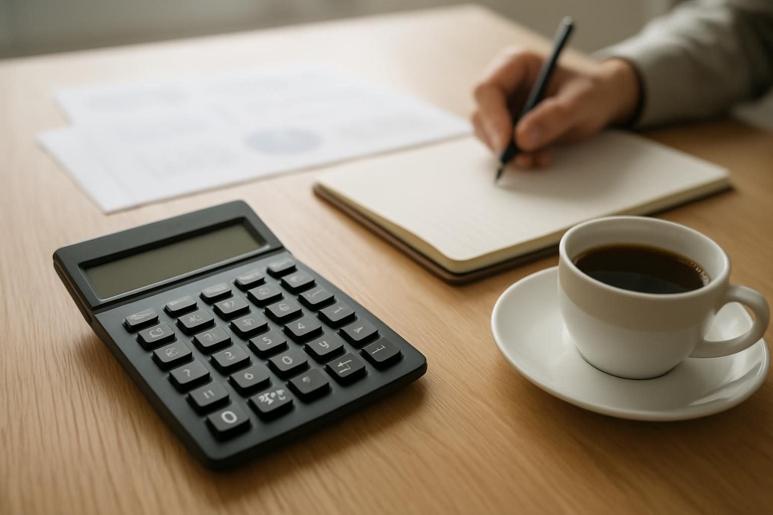 Pessoa fazendo contas em uma calculadora sobre a mesa
