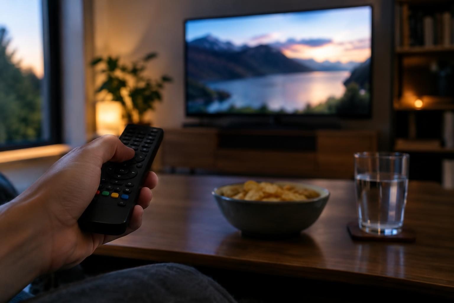 Mão segurando controle remoto diante da televisão durante uma maratona de séries