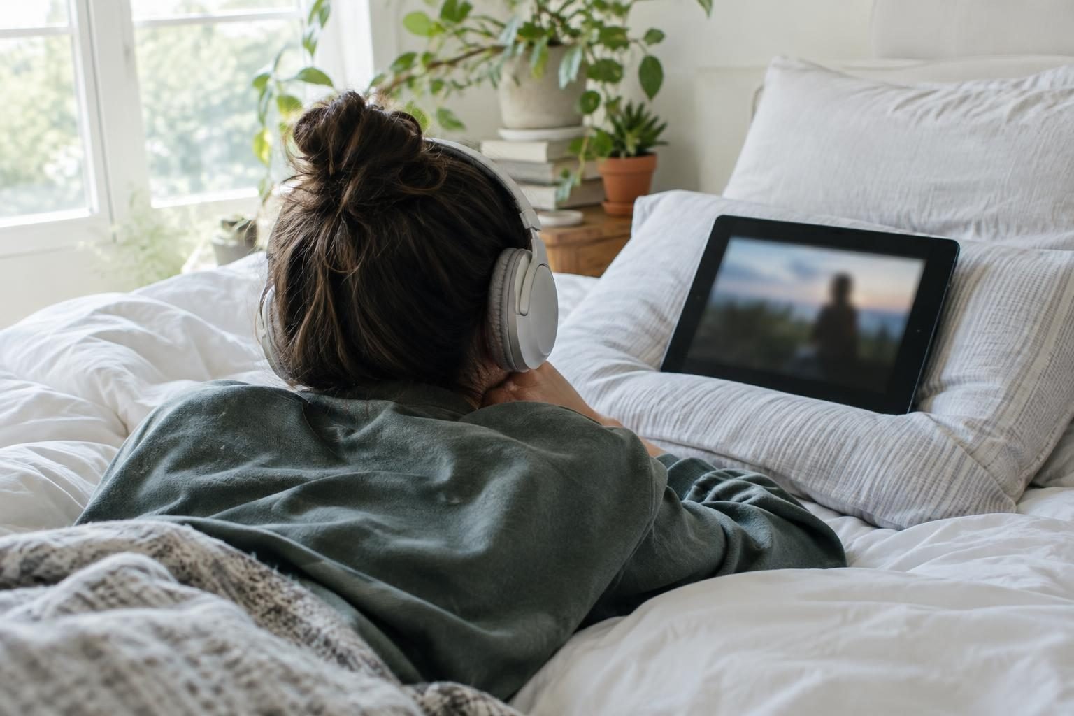 Pessoa deitada na cama assistindo a uma série no tablet com fones de ouvido