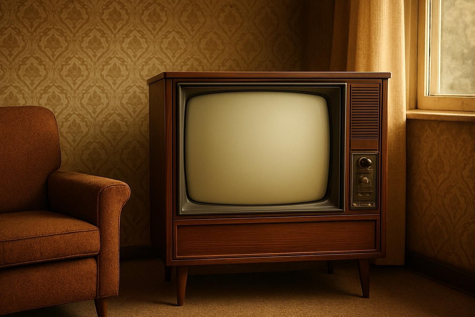 Televisão antiga de móvel de madeira em sala retrô, lembrando a era de ouro da TV aberta