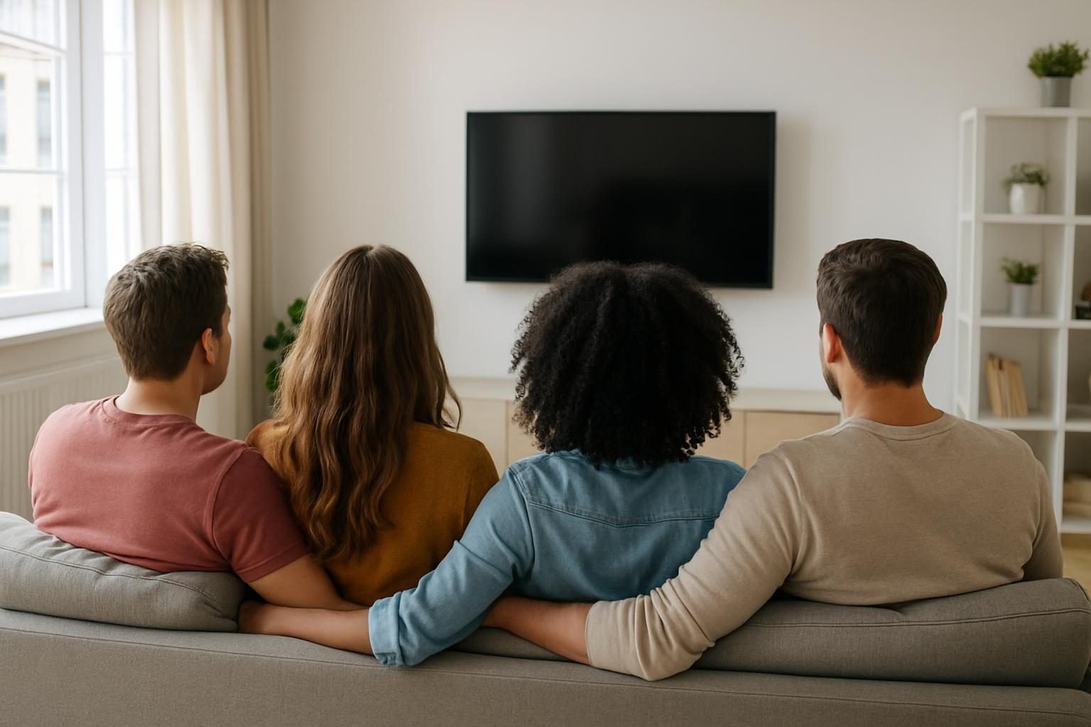 Grupo de amigos de costas assistindo a uma série juntos no sofá
